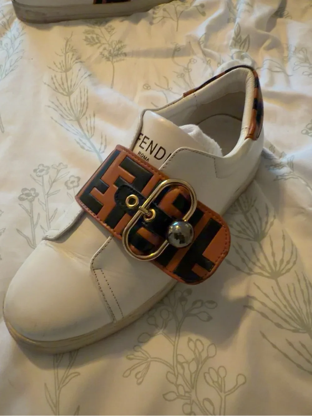 Fendi White Leather Sneakers with Brown & Black FF Strap